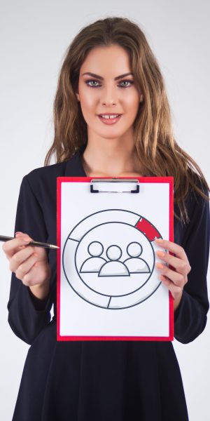 Businesswoman hold clipboard paper report document with team work icon, diagram.